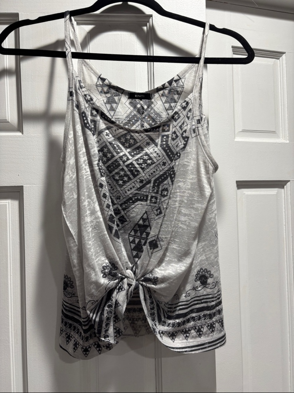 White grey & Black Geo Print Tie-Front Tank Top